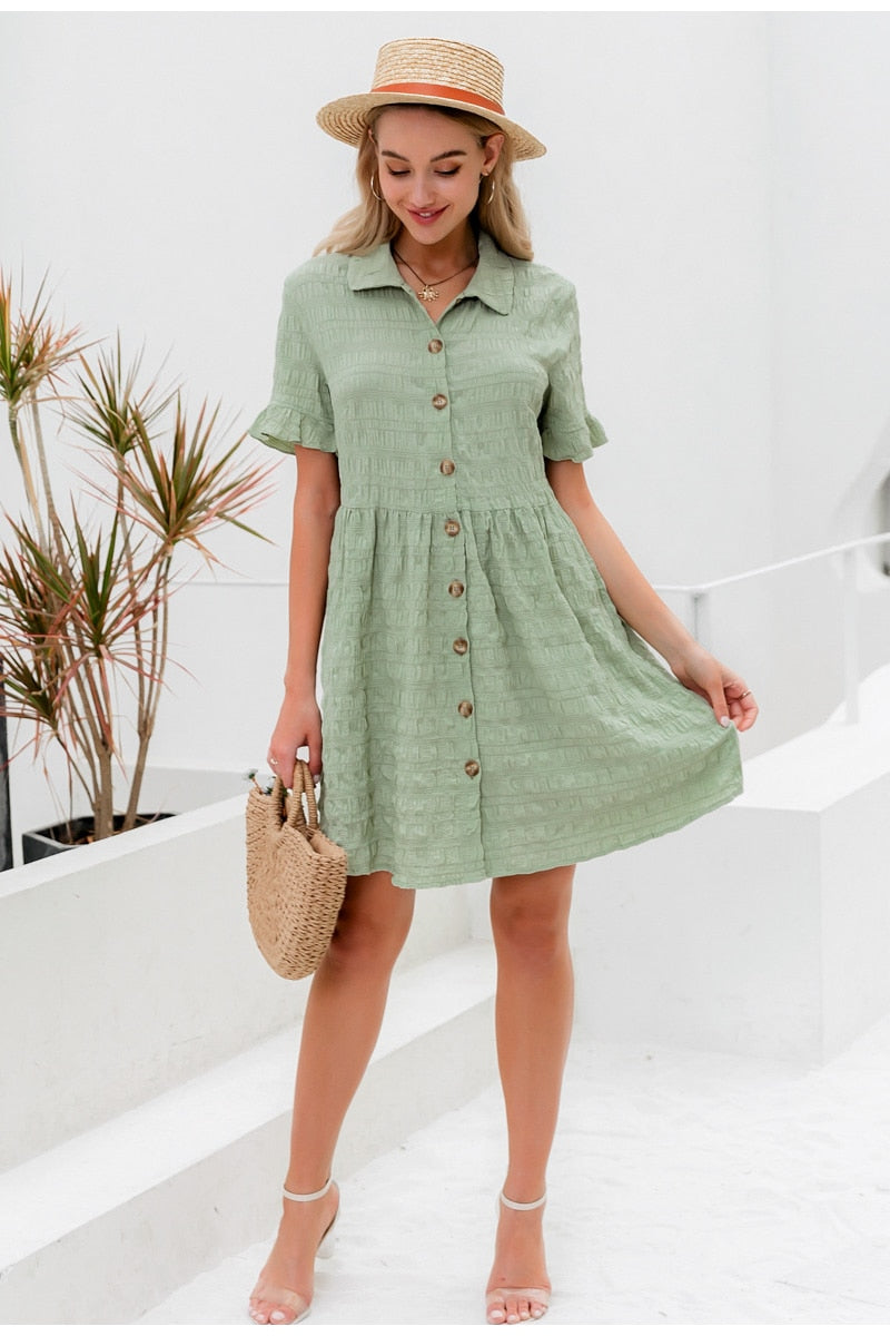 Streetwear Solid Summer Shirt Collar Ruffled Casual Party Buttons Office Dress