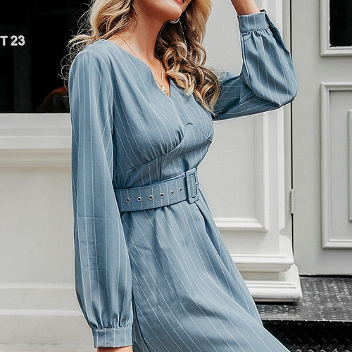 Load image into Gallery viewer, Sexy V-neck Striped Casual Long Sleeve Fashion Belt A-line Office Mini Dress
