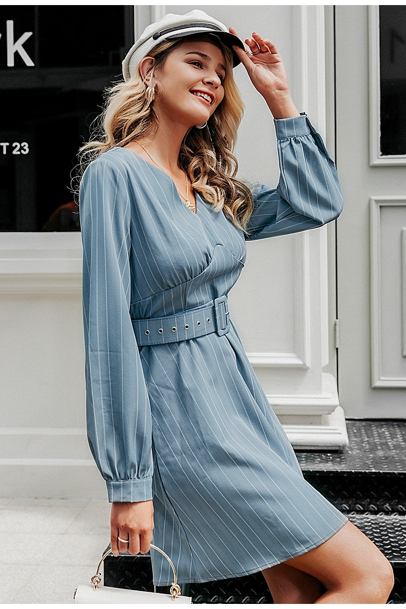 Sexy V-neck Striped Casual Long Sleeve Fashion Belt A-line Office Mini Dress