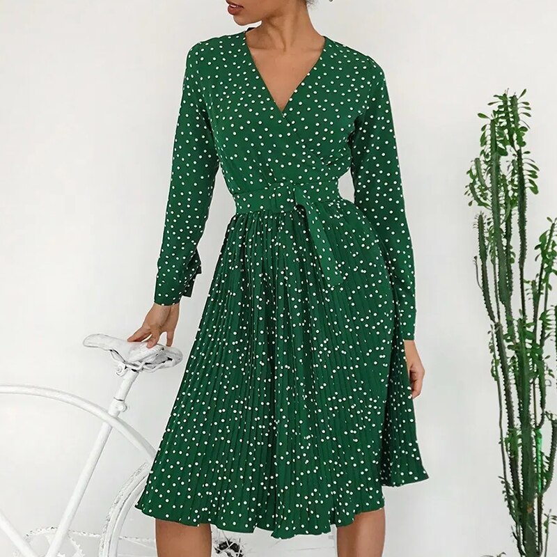 Sexy V-neck Solid Party Lantern Single Breasted A-line Midi Green Ribbon Long Sleeve Dress