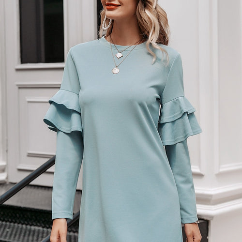 Load image into Gallery viewer, Elegant Ruffled Long Sleeve Work Solid O-neck Slim Fit Mini Dress
