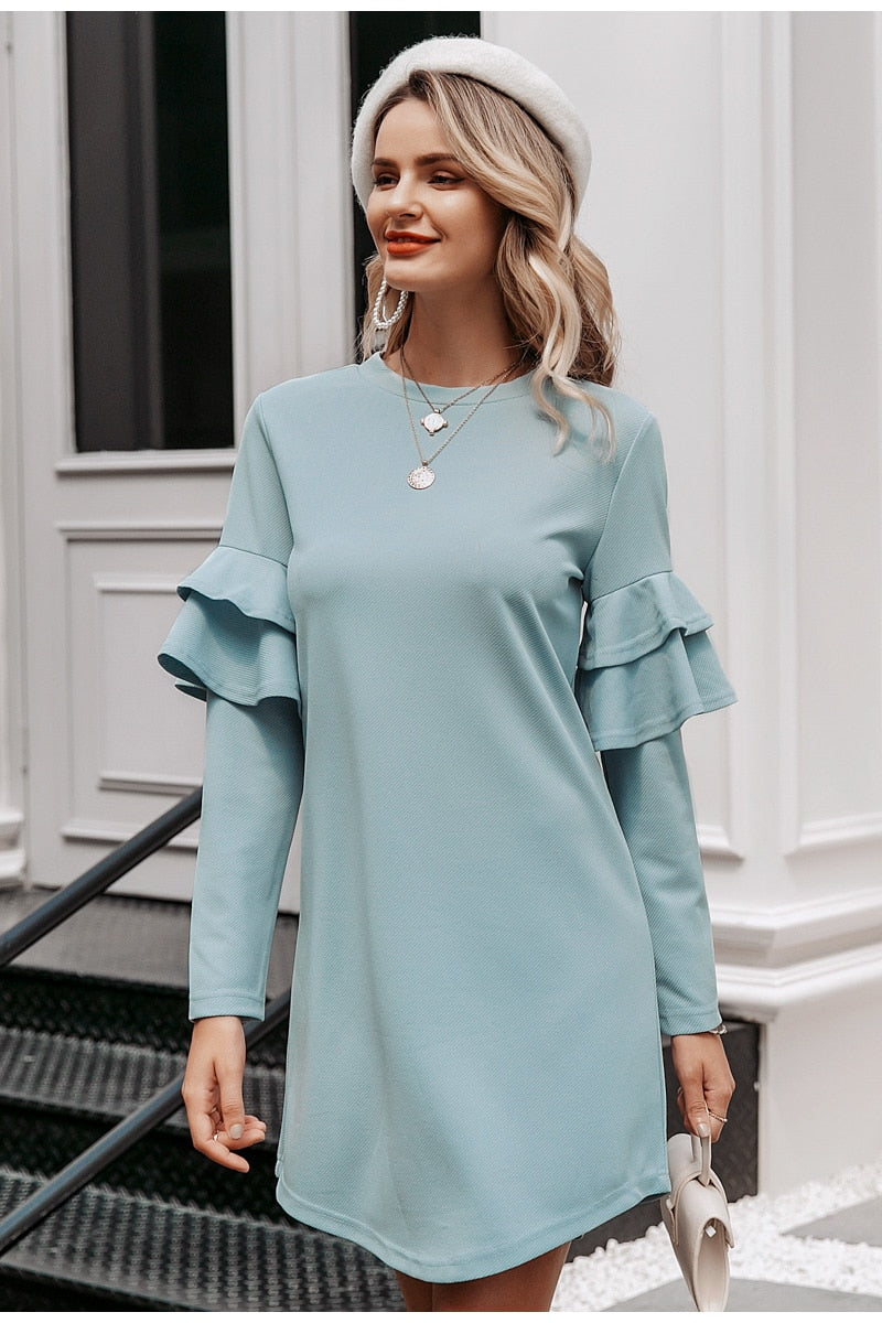 Elegant Ruffled Long Sleeve Work Solid O-neck Slim Fit Mini Dress