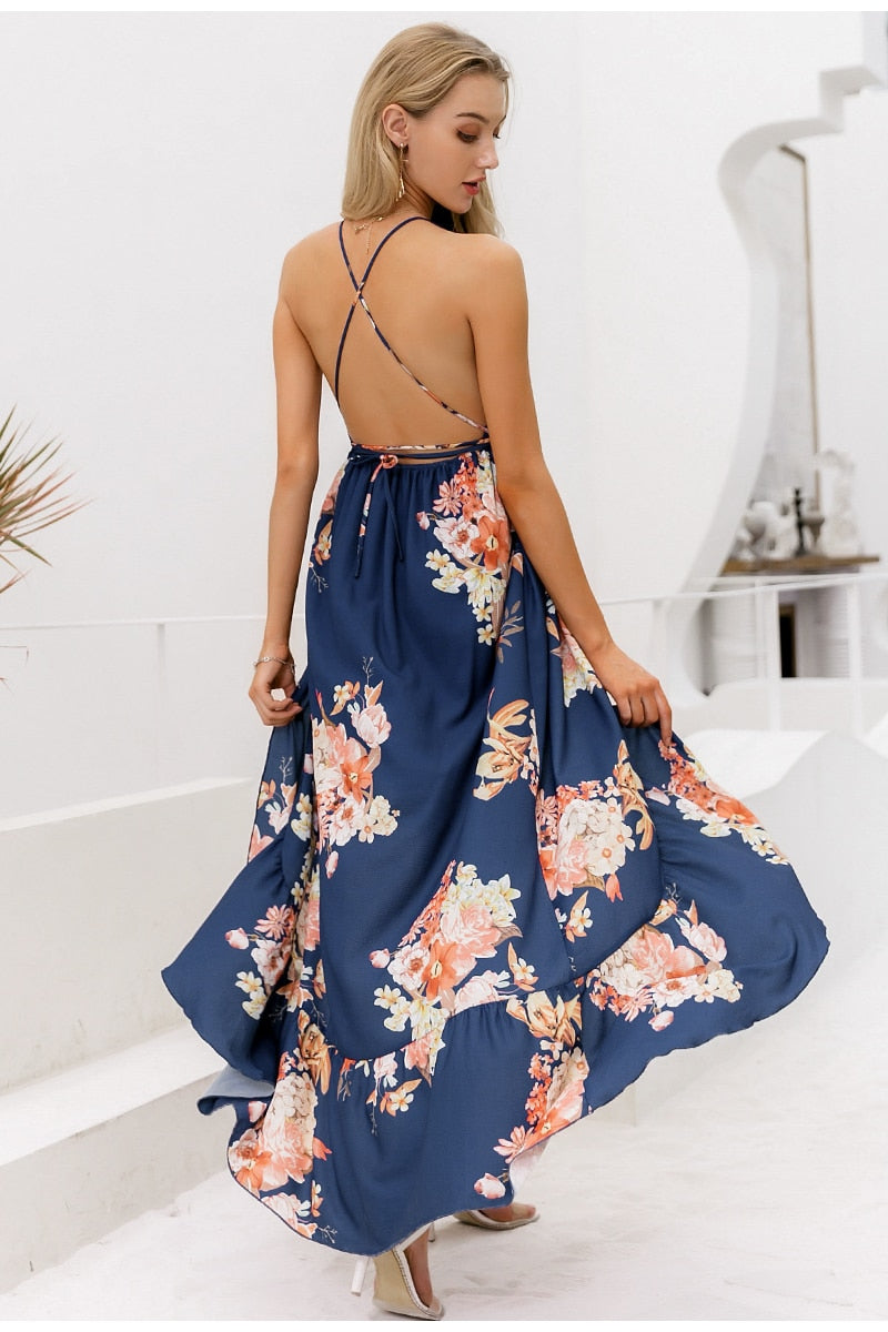 Sexy V-neck Backless Long Floral Print Lace Up Ruffled Spring Summer Holiday Beach Dress