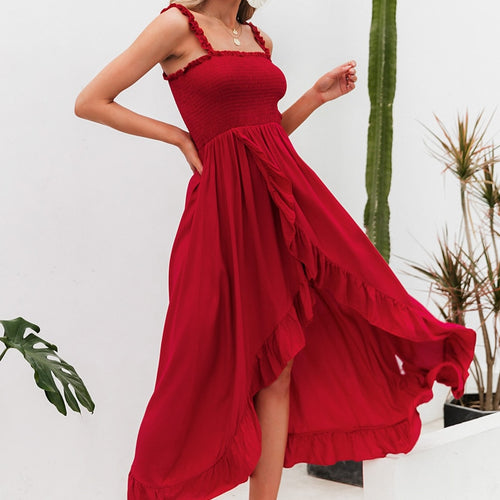 Load image into Gallery viewer, Spaghetti Straps Pleated Long Ruffles High Waist Split Summer Holiday Beach Dress
