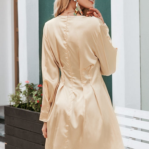 Load image into Gallery viewer, Sexy V-neck Satin Long Sleeve Pleated Autumn Winter Female Mini Dress
