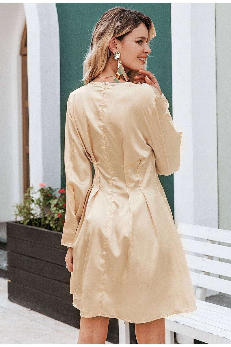 Sexy V-neck Satin Long Sleeve Pleated Autumn Winter Female Mini Dress