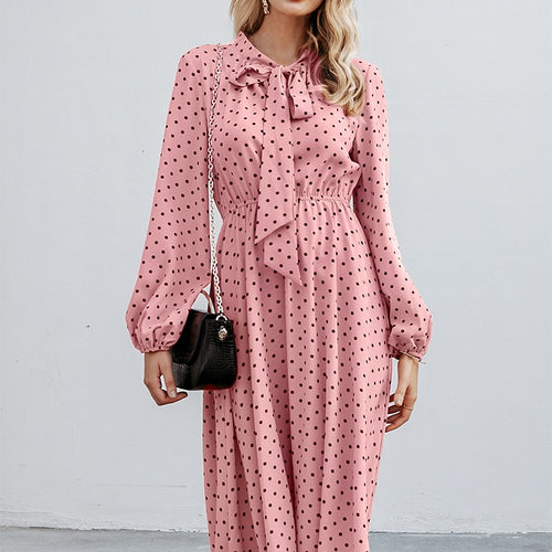 Load image into Gallery viewer, Elegant V-neck Polka Dot Sexy V-neck Lantern Pink Loose Long Party Dress
