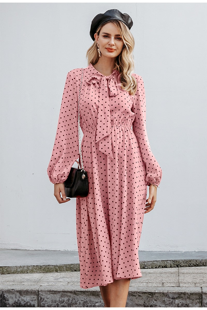 Elegant V-neck Polka Dot Sexy V-neck Lantern Pink Loose Long Party Dress