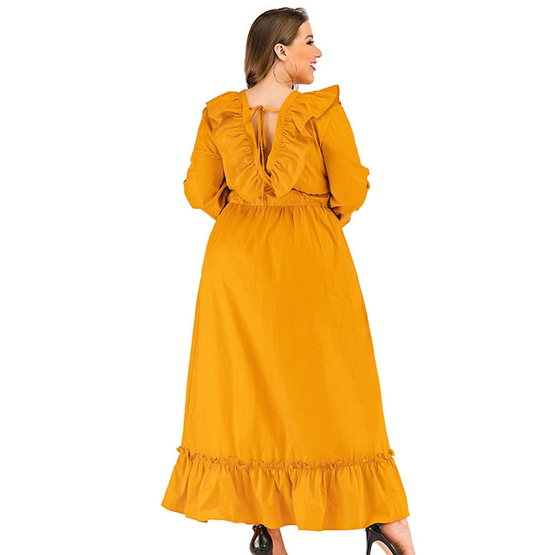 Plus Size Christmas Elegant Ruffled Cotton Solid Long Dress