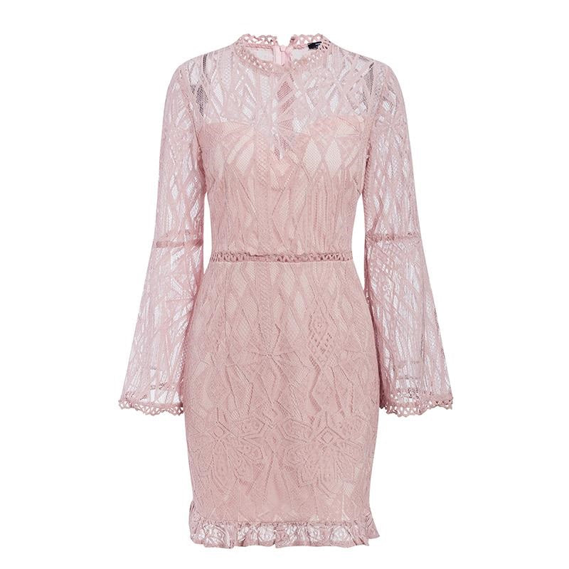 Sexy Transparent Lace High Waist Long Sleeve Sheath Midi Elegant Office Lady Slim Floral Short Party Dress