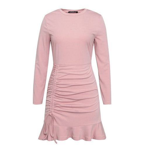 Load image into Gallery viewer, Short Solid Pink Winter Lace Up Party Sexy Long Sleeve Ruffles Club Ruched Dress
