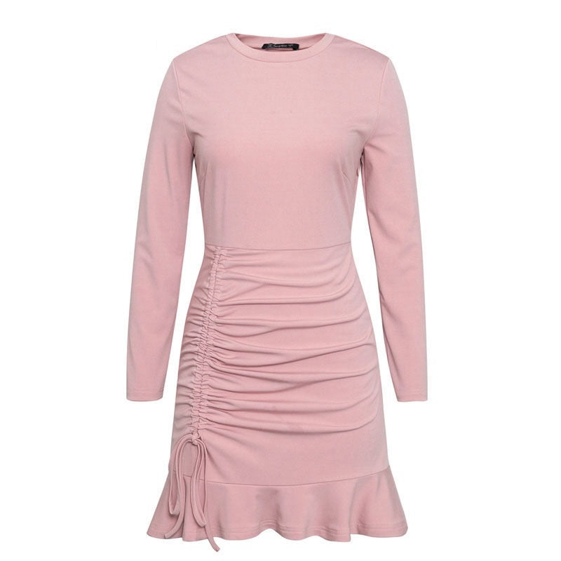 Short Solid Pink Winter Lace Up Party Sexy Long Sleeve Ruffles Club Ruched Dress