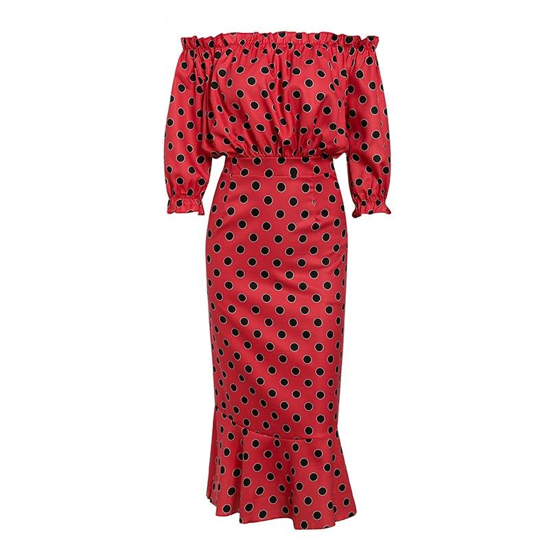 Sexy Off Shoulder Maxi Slim Polka Dots High Waist Ruffle Casual Party Dress