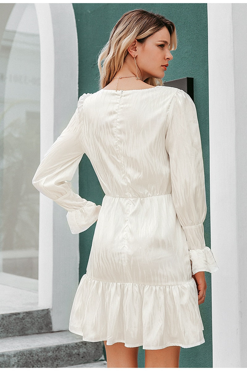 Elegant V-neck Ruffle Sleeve Zebra Stripe Party Club Slim White Dress