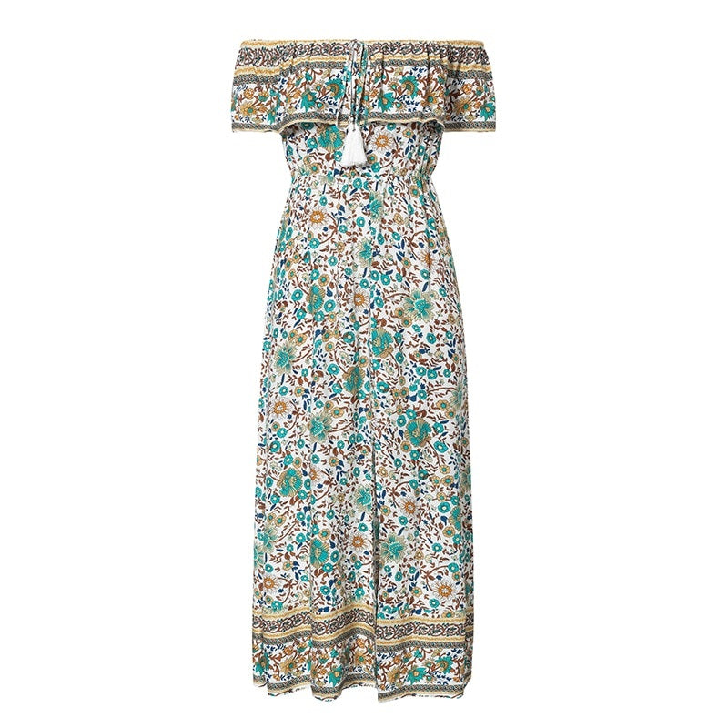 Boho Floral Print Off Shoulder Strap Ruffled High Waist Summer Casual Holiday Tassel Cotton Maxi Dress