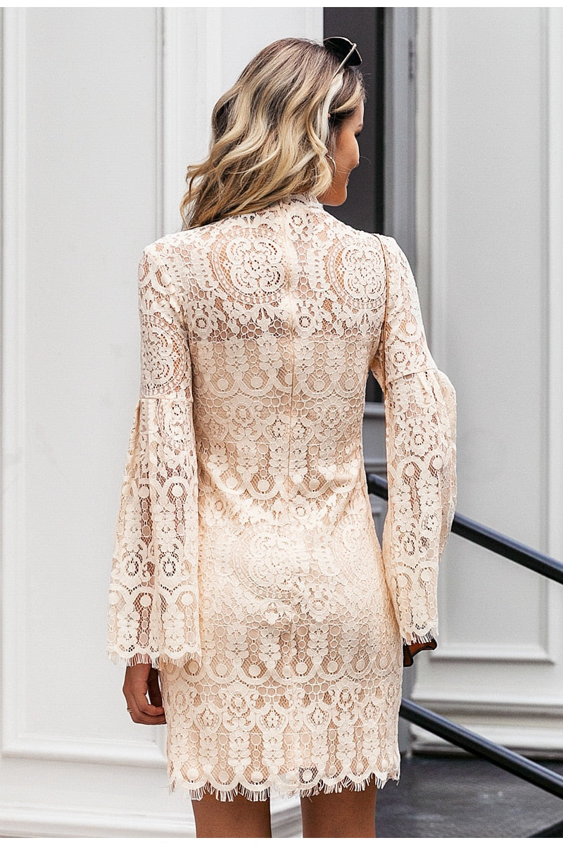 Sexy Lace Embroidery Elegant Flare Sleeve Ruffled Office Dress