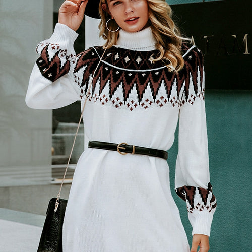 Load image into Gallery viewer, Geometric Print Knitted Casual Turtle Neck Pullover Sweater Retro Dress
