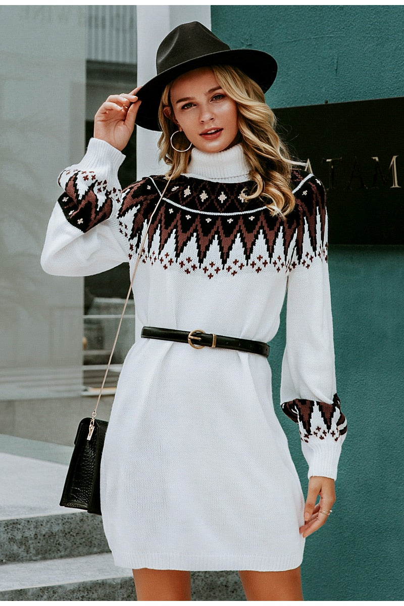 Geometric Print Knitted Casual Turtle Neck Pullover Sweater Retro Dress