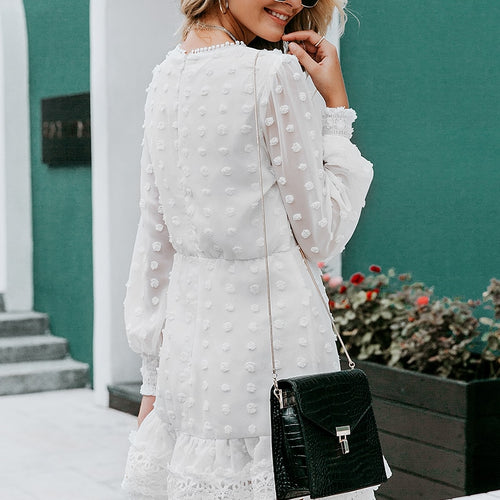 Load image into Gallery viewer, Sexy White Chiffon Long Lantern Sleeve Lace Luxury Slim Evening Party Dress
