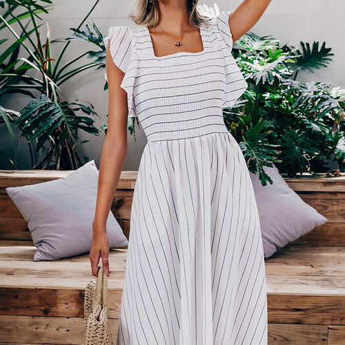 Load image into Gallery viewer, Vintage Striped Long Ruffle Linen Blue Elegant Summer Casual Cotton Fashion Female Dress
