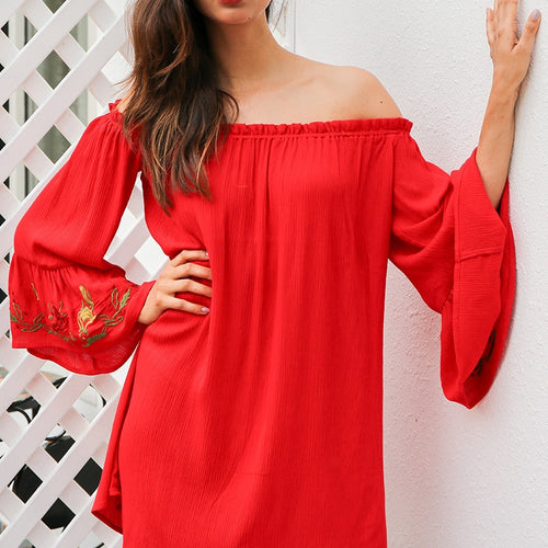 Load image into Gallery viewer, Off Shoulder Flare Sleeve Embroidery Sexy Ruffle Red Short Belt Bow Loose Beach Summer Dress
