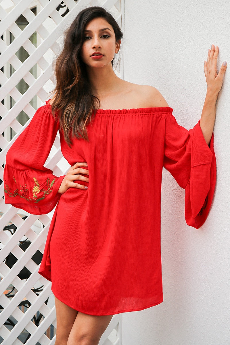 Off Shoulder Flare Sleeve Embroidery Sexy Ruffle Red Short Belt Bow Loose Beach Summer Dress