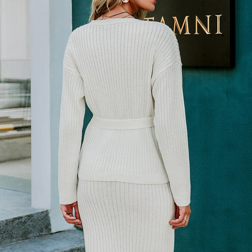 Load image into Gallery viewer, Knitted Sweater Elegant Autumn Winter Two Pieces Skirt Suit Long Sleeve Cardigan Midi Dress
