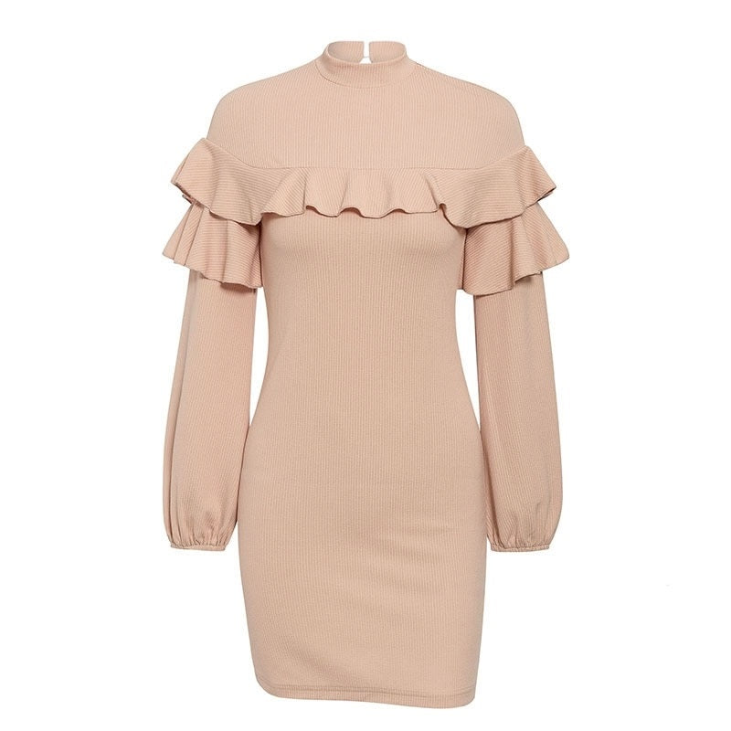 Elegant Ruffle Turtleneck Lantern Sleeve Party Casual Ladies Work Winter Dress