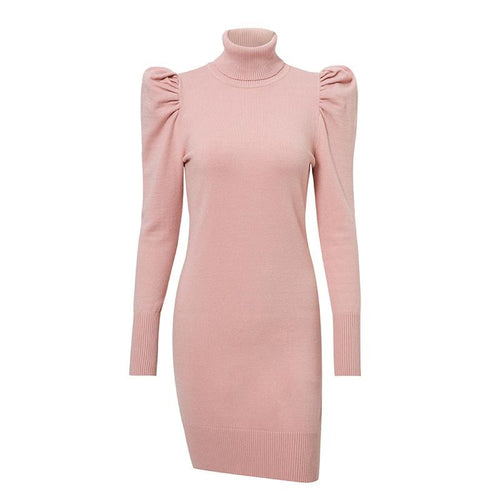 Load image into Gallery viewer, Turtle Neck Bodycon Winter Knitted Puff Shoulder Sweater Sexy Solid Autumn Dress
