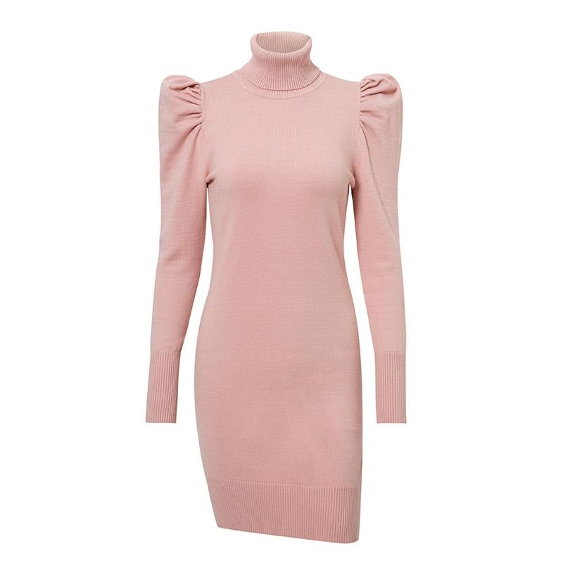 Turtle Neck Bodycon Winter Knitted Puff Shoulder Sweater Sexy Solid Autumn Dress