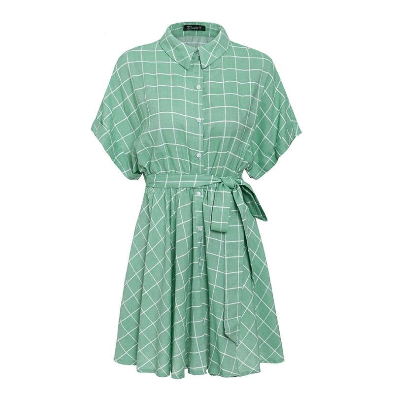 Elegant Plaid Sashes Short Sleeve A-line Casual Streetwear Button Summer Short Dress