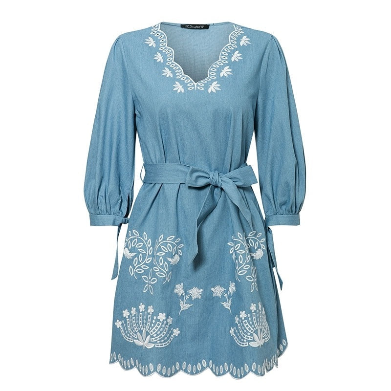 Summer V-neck Embrodiery Denim Elegant Sashes Short Blue Jeans Casual Holiday Ladies Beach Dress