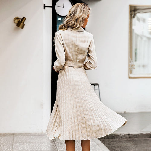 Load image into Gallery viewer, Vintage Pleated Belt Plaid Elegant Office Blazer Long Sleeve Midi Party Dress
