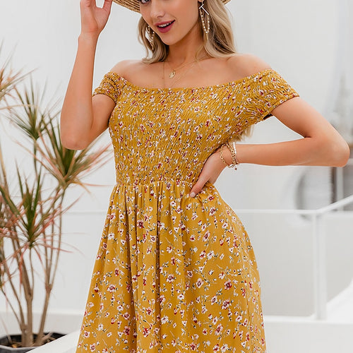 Load image into Gallery viewer, Elegant Off Shoulder Mini Boho Floral Print A-line Spring Summer Holiday Dress
