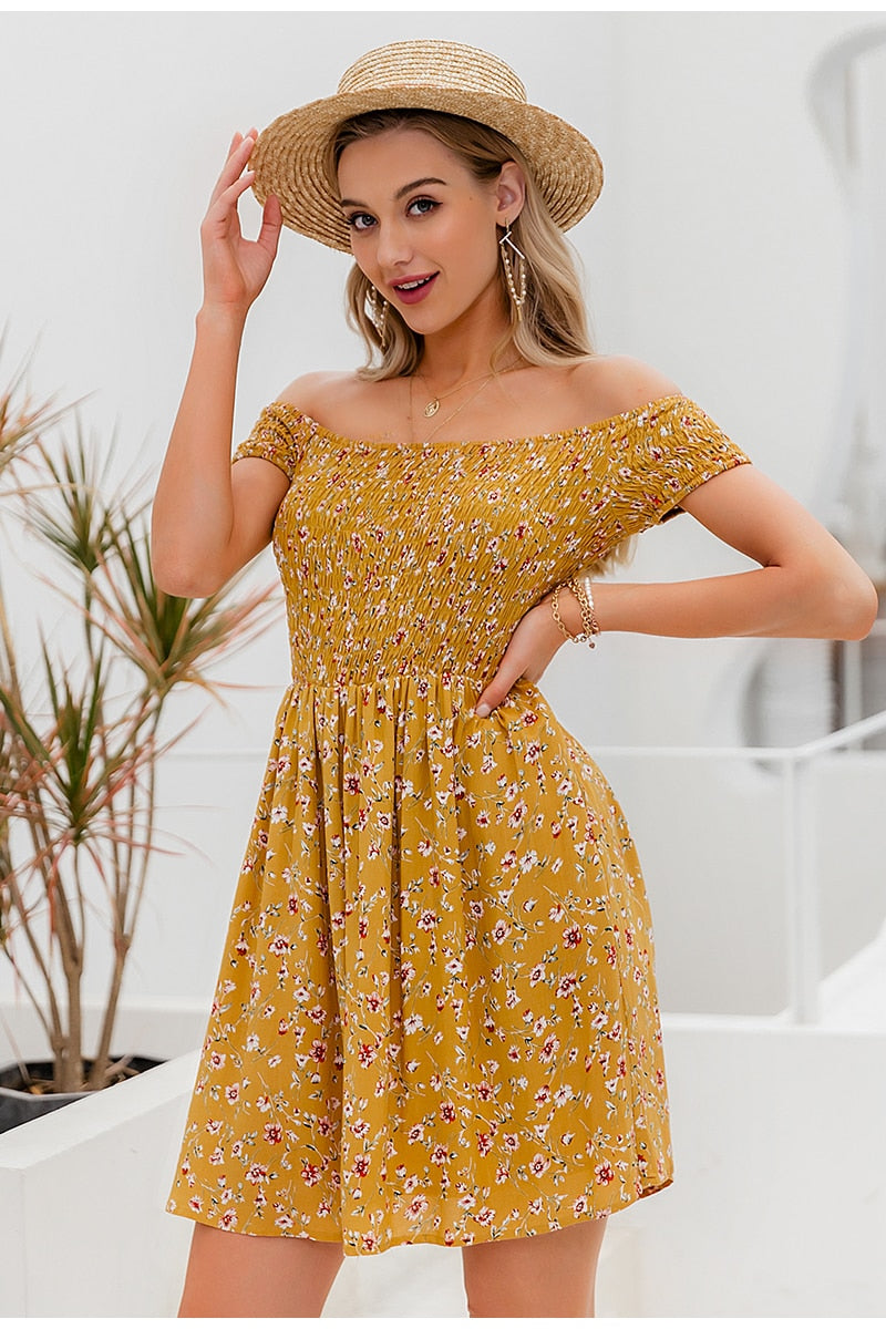 Elegant Off Shoulder Mini Boho Floral Print A-line Spring Summer Holiday Dress