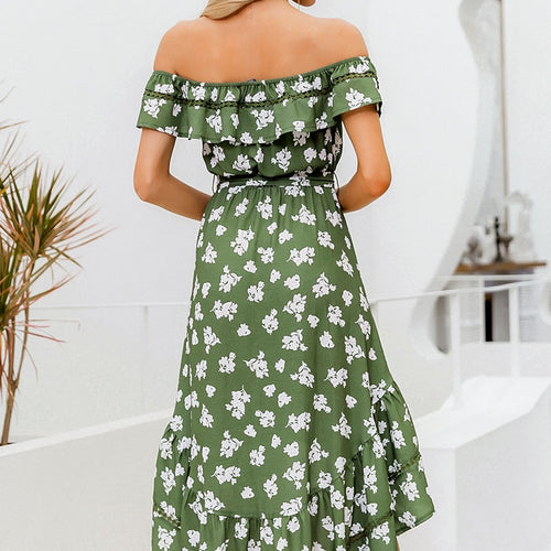 Load image into Gallery viewer, Off Shoulder Holiday Beach Sash Floral Print Spring Summer High Waist Dress
