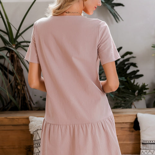 Load image into Gallery viewer, Casual Solid Summer V-neck Asymmetrical Buttons Cotton Party Short Sleeve Office Dress
