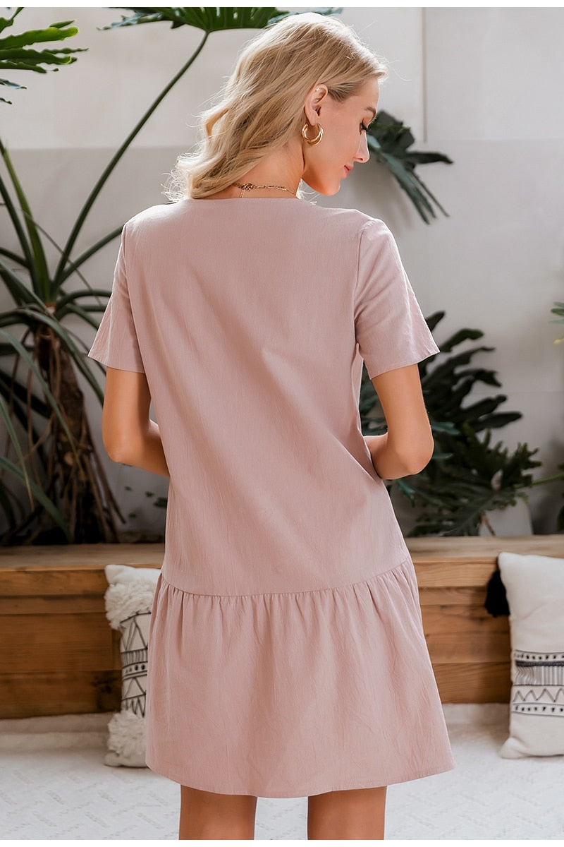 Casual Solid Summer V-neck Asymmetrical Buttons Cotton Party Short Sleeve Office Dress