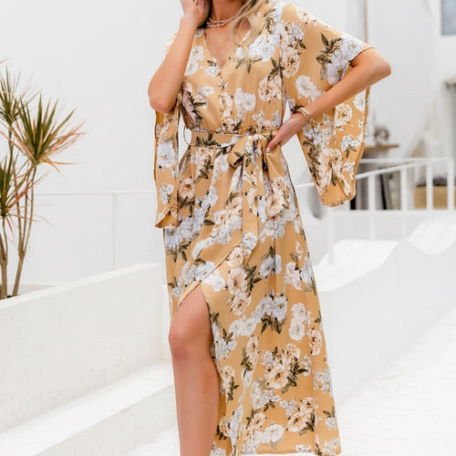 Load image into Gallery viewer, Ruffle Sleeve Floral Print V-neck Sash Belt Beach Split High Waist Ladies Dress
