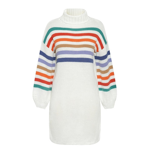 Load image into Gallery viewer, Turtleneck Rainbow Knitted Casual High Fashion Sweater Short Autumn Winter Sweater Dress
