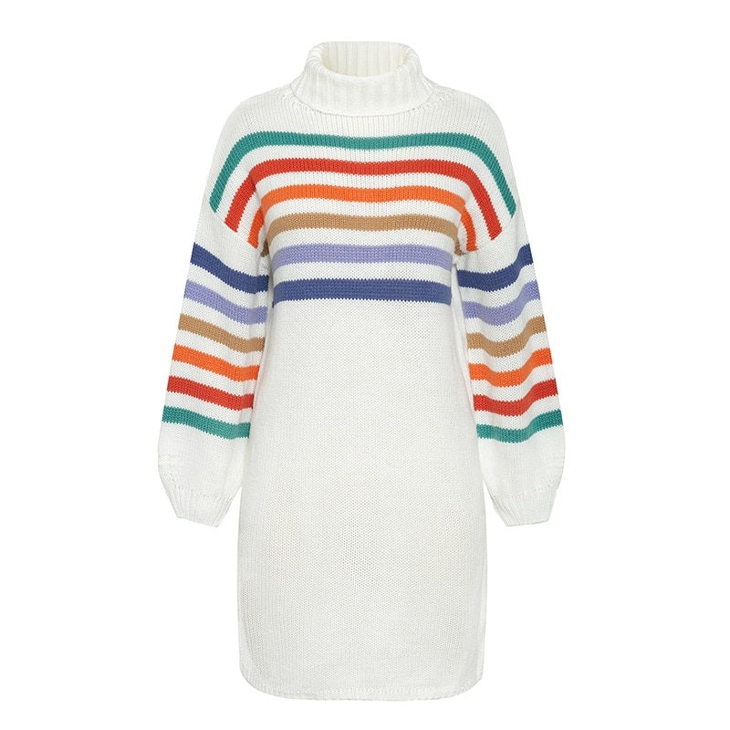 Turtleneck Rainbow Knitted Casual High Fashion Sweater Short Autumn Winter Sweater Dress