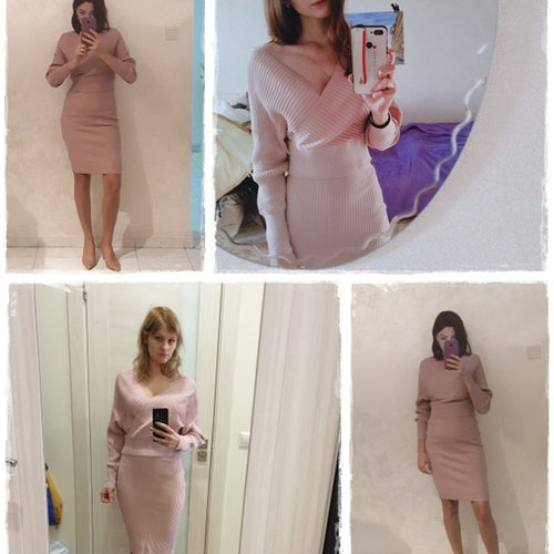 Load image into Gallery viewer, Sexy V-neck Knitted Skirt Batwing Sleeve 2 Pieces Elegant Party Sweater Pink Dress
