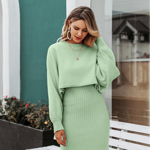 Load image into Gallery viewer, Elegant Two Pieces Knitted Solid Bodycon Sweater Winter Pullover Work Dress
