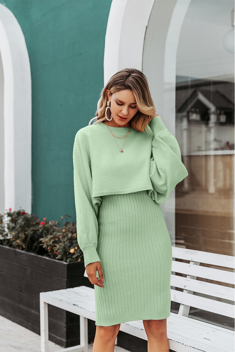 Elegant Two Pieces Knitted Solid Bodycon Sweater Winter Pullover Work Dress