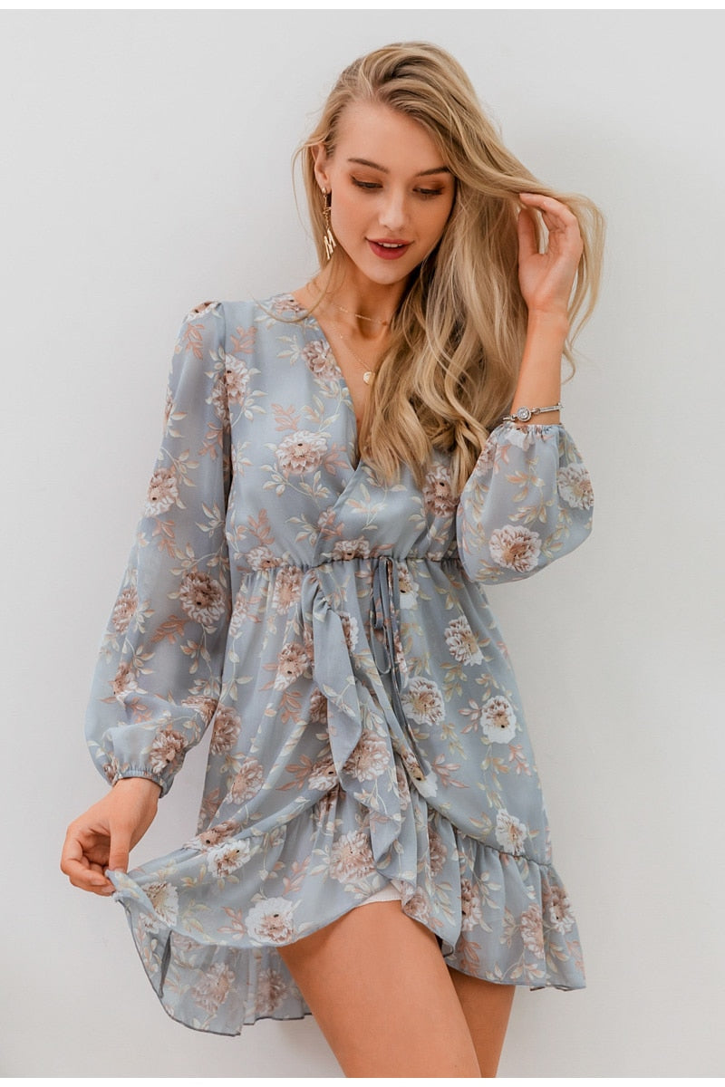 Floral Print Sexy Long Sleeve V-neck Hollow Out Summer Ruffled Wrap Casual Beach Dress