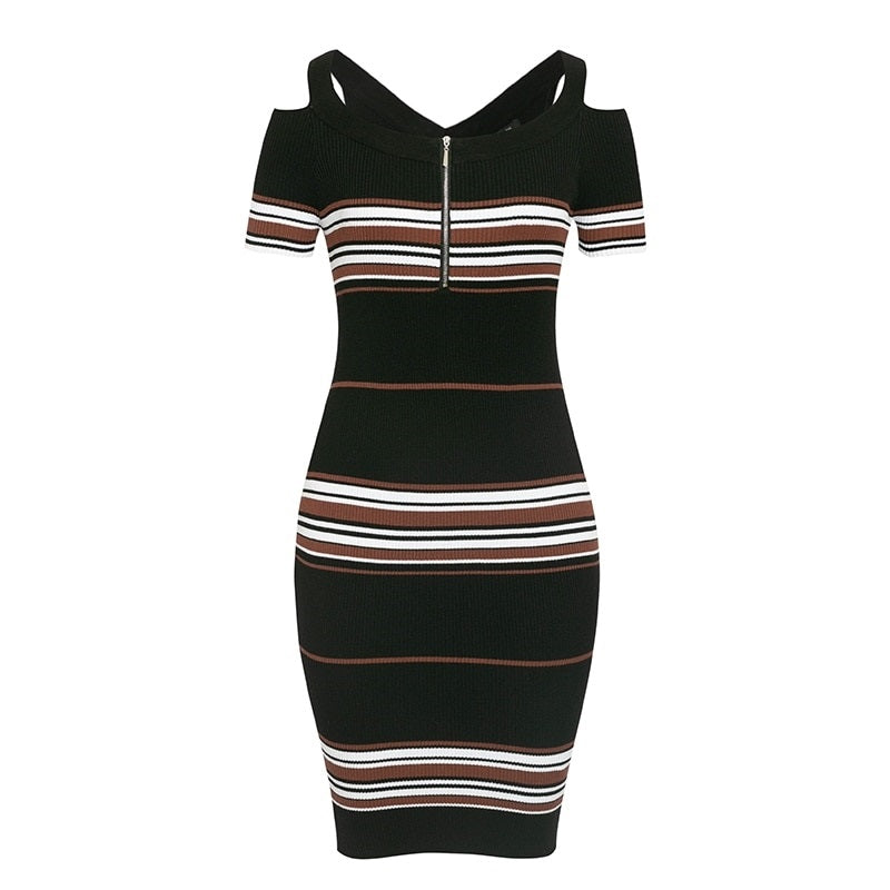 Plus size Stripes Slim Elegant Front Zipper Knitted Party Dress