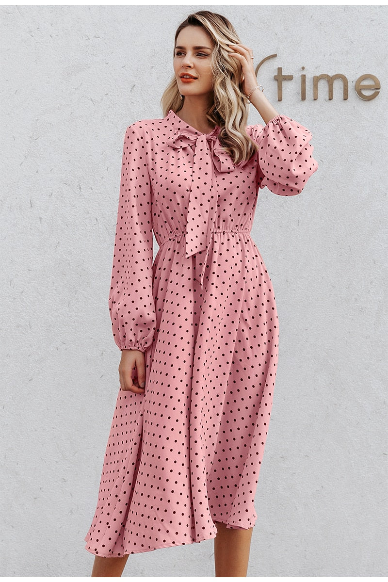 Elegant V-neck Polka Dot Sexy V-neck Lantern Pink Loose Long Party Dress