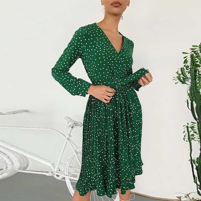 Sexy V-neck Solid Party Lantern Single Breasted A-line Midi Green Ribbon Long Sleeve Dress