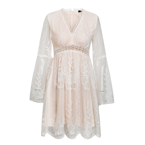 Load image into Gallery viewer, Sexy V-neck Boho Summer Trumpet Sleeve Ruffle White Floral A-line Lace Mini Dress
