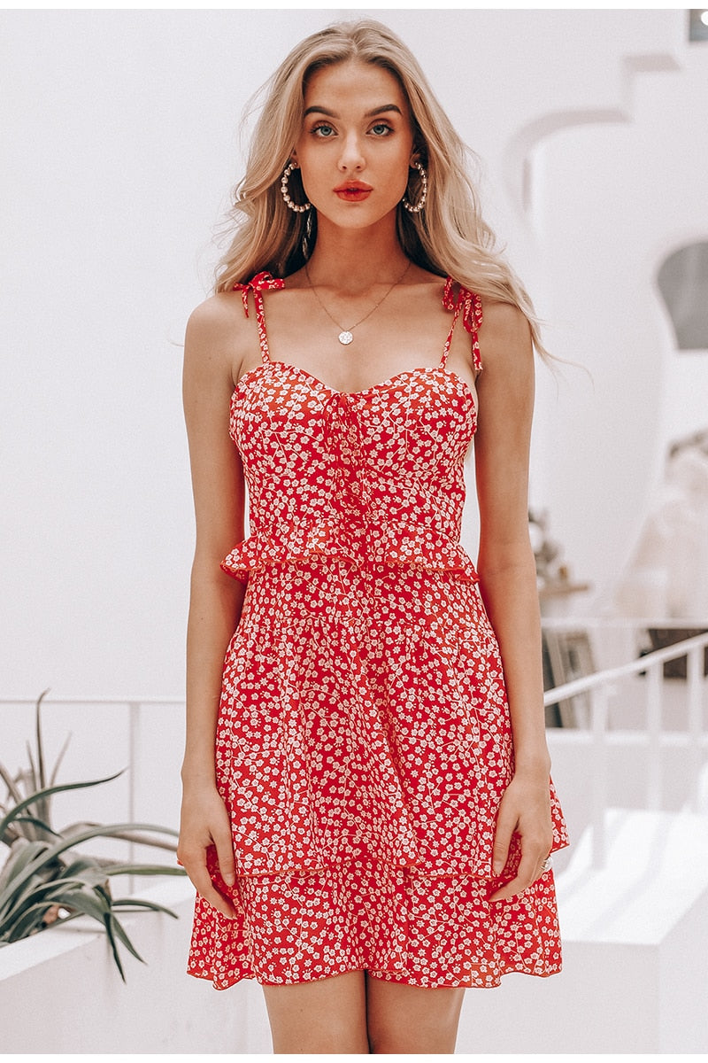 Sleeveless Floral Print Summer High Waist Lace Up Ruffle Mini Beach Boho Dress